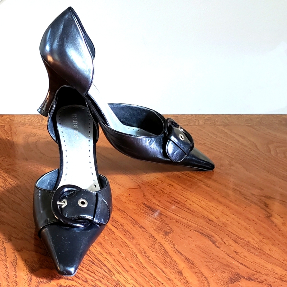 BCBGirls Buckle Point Toe Leather Kitten Heels